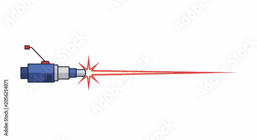 A blue futuristic device fires a vibrant red laser beam