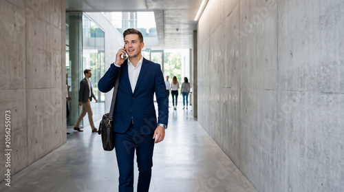 Confident Business Professional on a Phone Call in Office Corridor