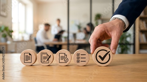 Business man placing checkmark symbol on wooden block, completing process