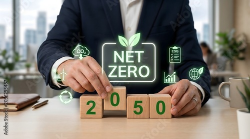 Net zero 2050 concept with environmental icons and business setting