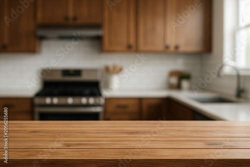 wooden top table with blury background kitchen set