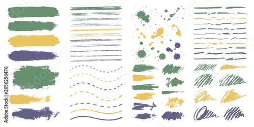 Schilderij op canvas Set of colorful hand drawn paint brush strokes and ink lines with decorative art