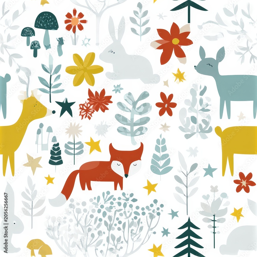 Fototapeta premium Woodland animals under starry night sky pattern, magical forest theme, whimsical nursery decor, cozy nature illustration, dreamy design.
