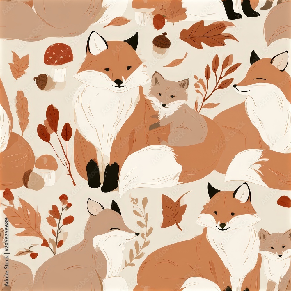 Fototapeta premium Sleeping fox family seamless pattern, cozy woodland theme, gentle wildlife decor, warm autumn mood, adorable nature illustration.