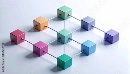Colorful interconnected 3D cubes floating on a light, neutral background