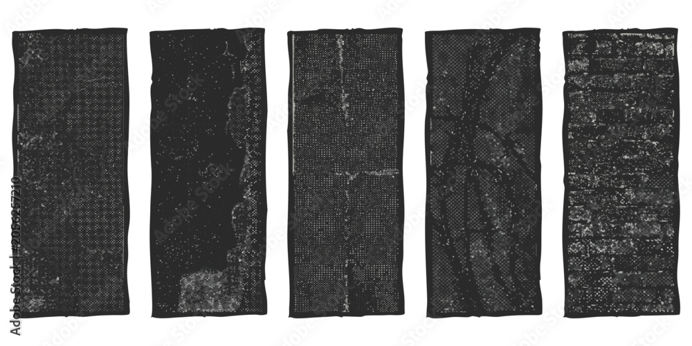 Fototapeta premium Five hand drawn vertical rectangle shapes with rough sketch texture in dark charcoal color for design projects