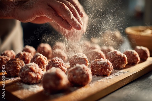 Close-up of hands dusting raw meatballs with flour on wooden board, lined rows of meatballs ready for frying
