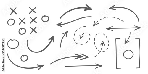 Set of hand drawn sketch arrows crosses and circles for design elements and business planning notes