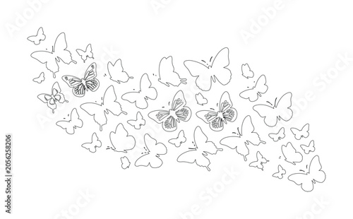 Minimalist Black and White Outline Butterfly Swarm Vector Graphic