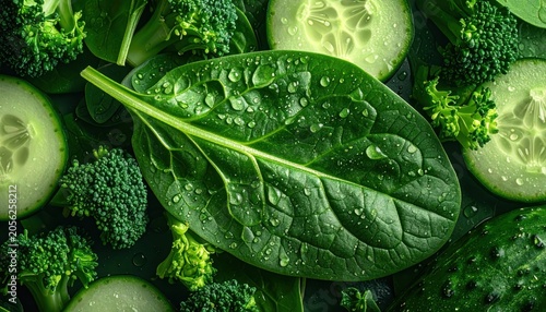 Fresh, vibrant green arrangement of vegetables with water droplets