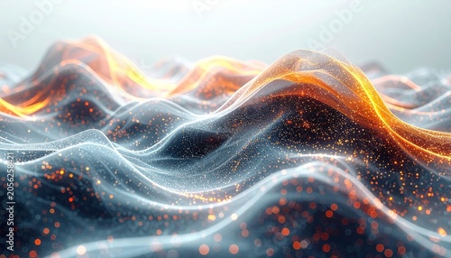 Abstract render of glowing, wave-like shapes with vibrant orange and blue hues