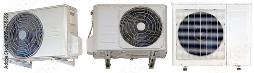 Three different views of an outdoor air conditioning unit, isolated on a white background