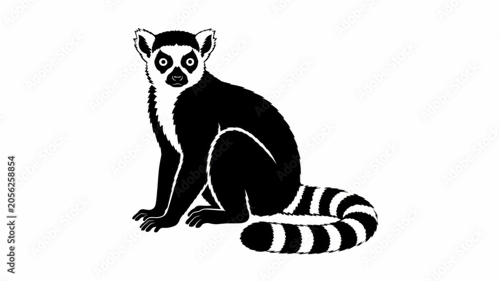 Fototapeta premium Minimalist ring-tailed lemur silhouette, black and white primate illustration, exotic wild animal graphic isolated on white background