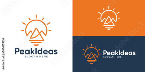 Creative simple peak ideas logo template. Light bulb with mountain summit hill symbol creative logo design vector illustration.