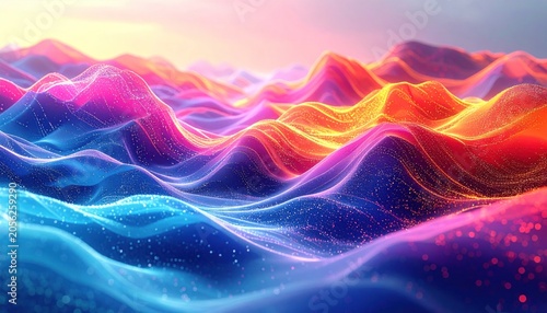 Abstract, vibrant wave-like structures glowing with neon colors