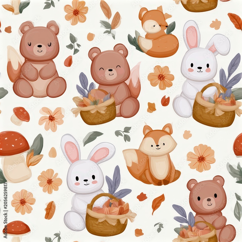 Fototapeta premium Cute fox and bear seamless pattern with flowers and mushrooms, woodland nursery theme, playful forest illustration.