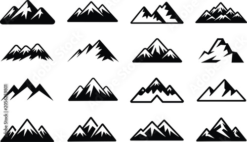 Fotografie Black silhouette collection of mountain icons featuring jagged peaks, snowcap pa