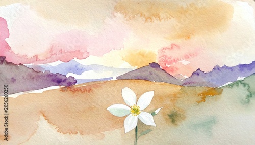 Lone white flower blooming in a watercolor mountain landscape at sunset