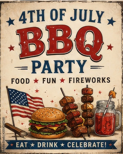 Vintage Fourth of July BBQ Party Poster with American Flag Burger and Summer Cookout Food Celebration