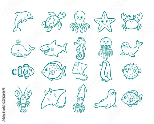 Cute Sea Animal Outline Doodle Icon Collection with Kawaii Marine Creatures