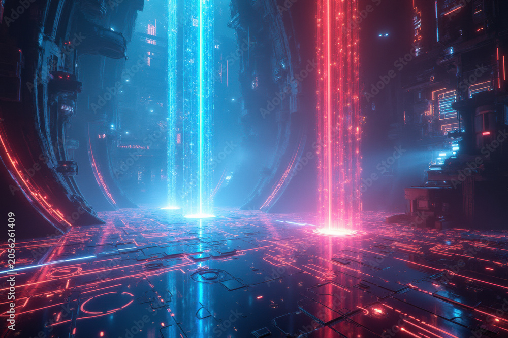 Fototapeta premium Futuristic sci fi interior with glowing red and blue light beams