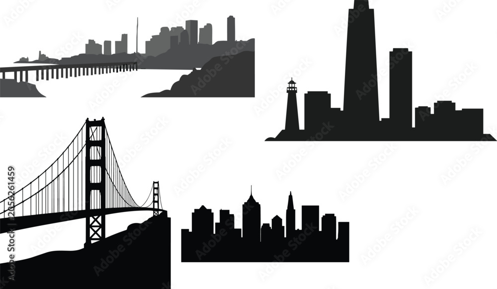 Fototapeta premium Black silhouette illustrations of iconic city skylines featuring bridges, towers, lighthouses, and skyscrapers representing diverse urban architecture and design concepts