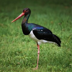 Black stork bird stands on green grass. Long red beak, dark iridescent feathers, white body. Wild animal in natural habitat, fauna wildlife photography.