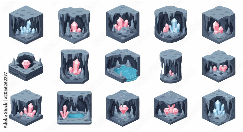 Fototapeta premium Collection of isometric cave entrances with glowing crystals and water elements.