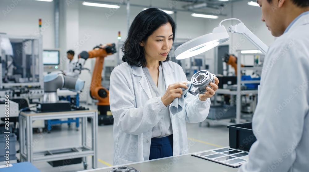 Fototapeta premium Collaborative Robotics Manufacturing Operations Day - Surface finish inspection for robot joint cover