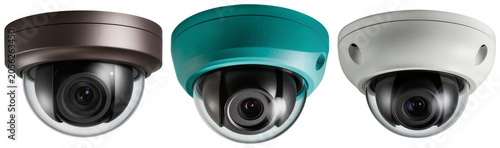 Canvastavla Three dome security cameras in different colors: brown, teal, and white, isolated on a white background