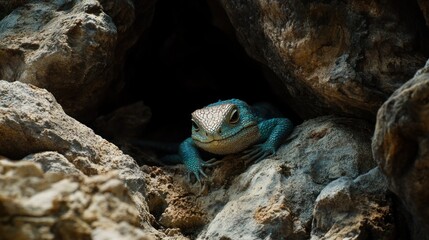 Blue lizard in rocky cave