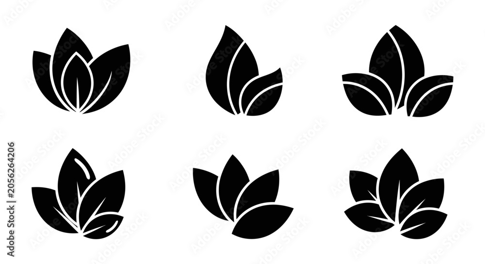 Obraz premium Abstract Black Silhouette of Lotus Flower Petals and Leaves on White Background