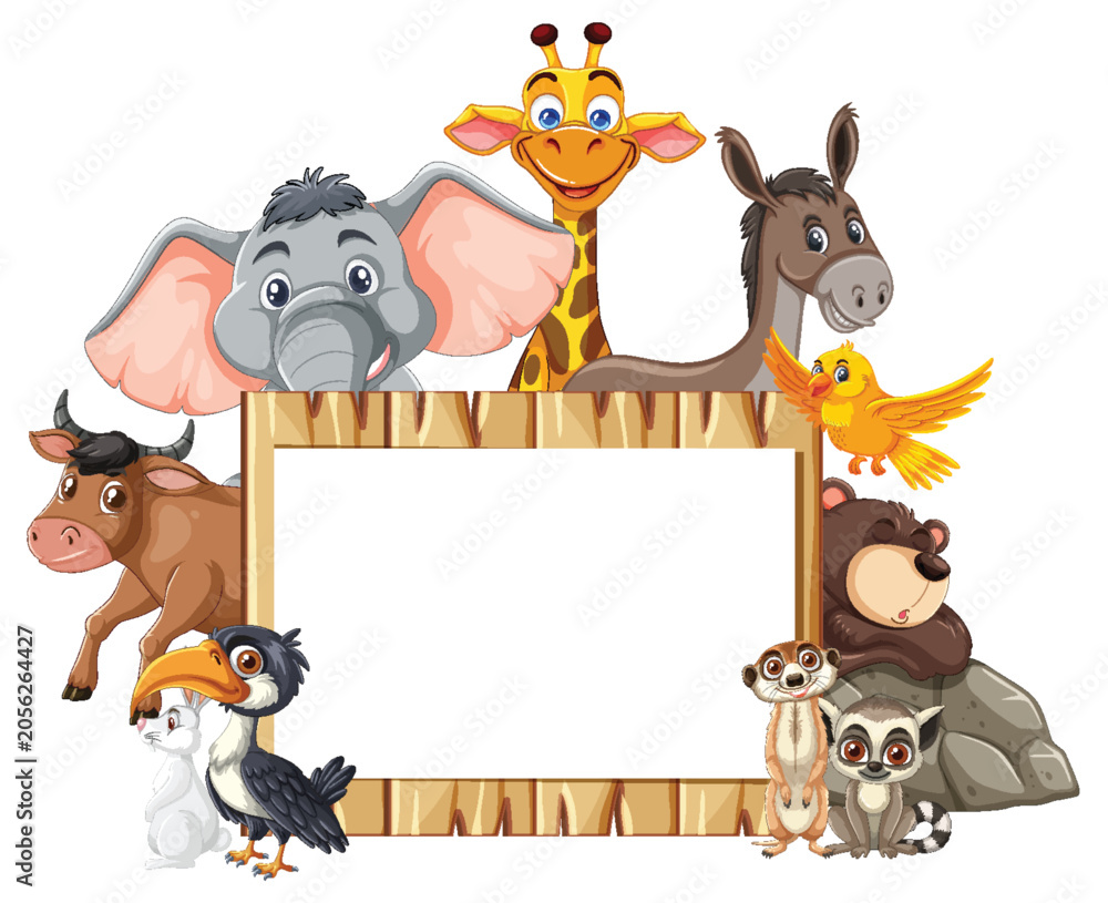 Fototapeta premium Cartoon Jungle Animals Surrounding Wooden Blank Sign Frame