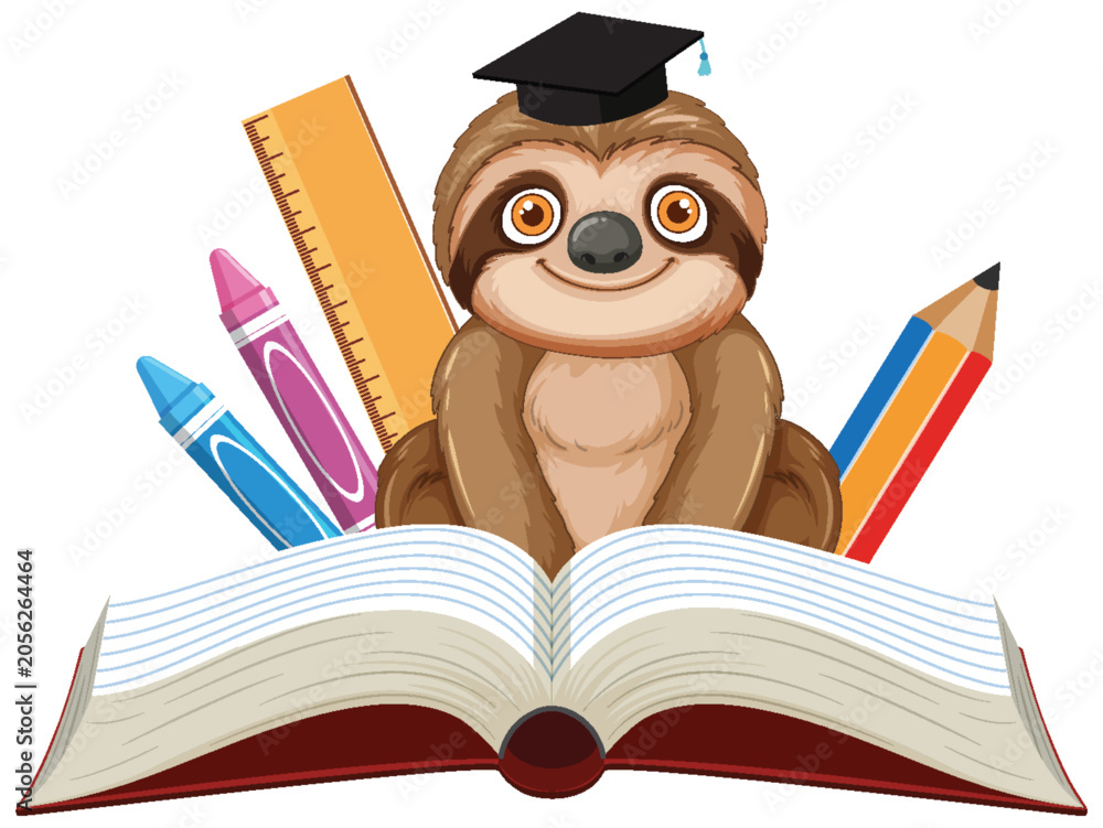 Fototapeta premium Cute Sloth Character Wearing Graduation Cap with School Supplies and Book