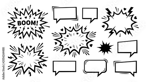 Photos Comic speech bubbles and explosion bursts vector set with blank chat clouds and