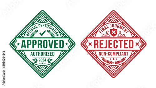 Schilderij op canvas Green approved and red rejected diamond shaped stamp vector icons for official c