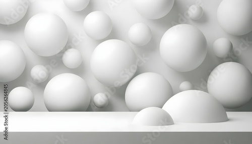 Minimalist monochromatic scene with white spheres and domes on a clean surface