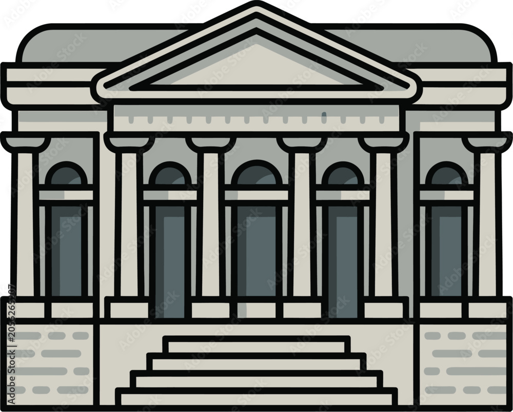 Fototapeta premium Flat of a neoclassical building with columns, pediment, and front steps, featuring a gray and dark blue color palette