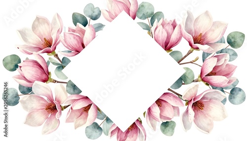 Watercolor magnolia flowers and eucalyptus leaves frame a diamond shape