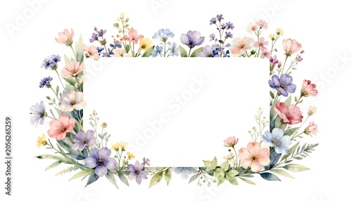Delicate watercolor floral border with pastel blossoms and greenery on a white background