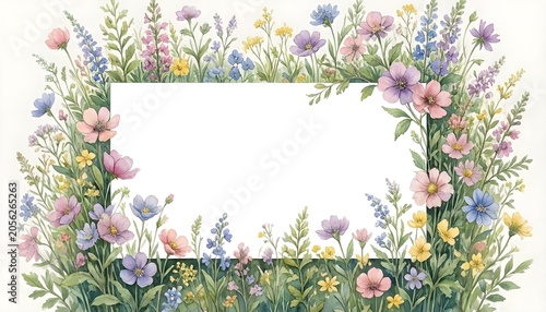 Watercolor floral frame with delicate wildflowers and green foliage border