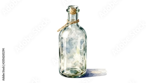 Watercolor illustration of a clear glass bottle with cork and twine