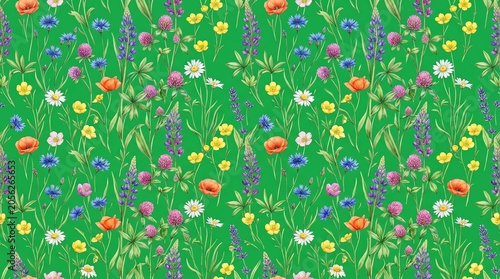 Colorful Wildflower Pattern with Various Flowers and Green Foliage on Bright Green Background