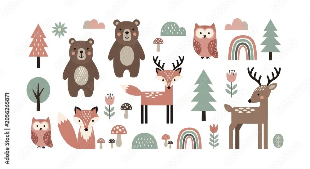 Fototapeta premium Cute Scandinavian Forest Animals Vector Illustration Set with Bears, Foxes, Deer, Owls, and Nature Elements for Nursery Decor