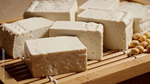 Fresh tofu day arrangement with creamy soybean curd blocks on bamboo mat, soft natural light, rustic soybeans, clean plant based texture for healthy vegetarian food celebration and wholesome cooking