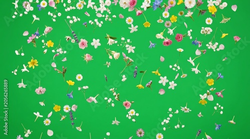 Colorful Flower Petals Falling on Bright Green Background