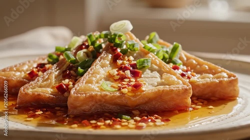 Crispy tofu day triangles filled with soft soybean curd, chili oil glaze, scallions and garlic flakes on ceramic plate, golden savory vegetarian snack with warm kitchen light and bold spicy flavor