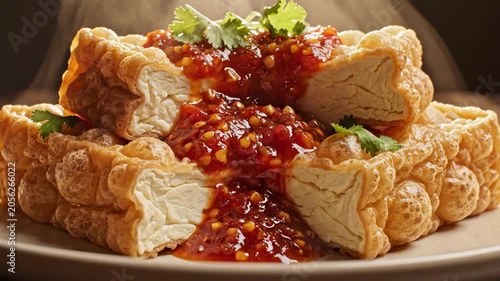 Crispy tofu day puffs split open with airy soybean curd layers, glossy red chili sauce, cilantro and warm studio light, dramatic plant based snack with crunchy texture and appetizing sauce today