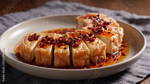 Sliced tofu day platter with crispy bean curd pieces, glossy chili oil, red pepper flakes, linen cloth and warm rustic table, savory plant based appetizer presentation with bold spicy flavor