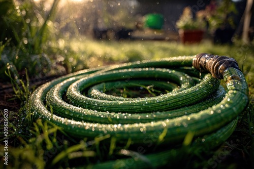 Green garden hose coiled on the grass, water droplets dripping from the nozzle, glistening in the sun, watering equipment